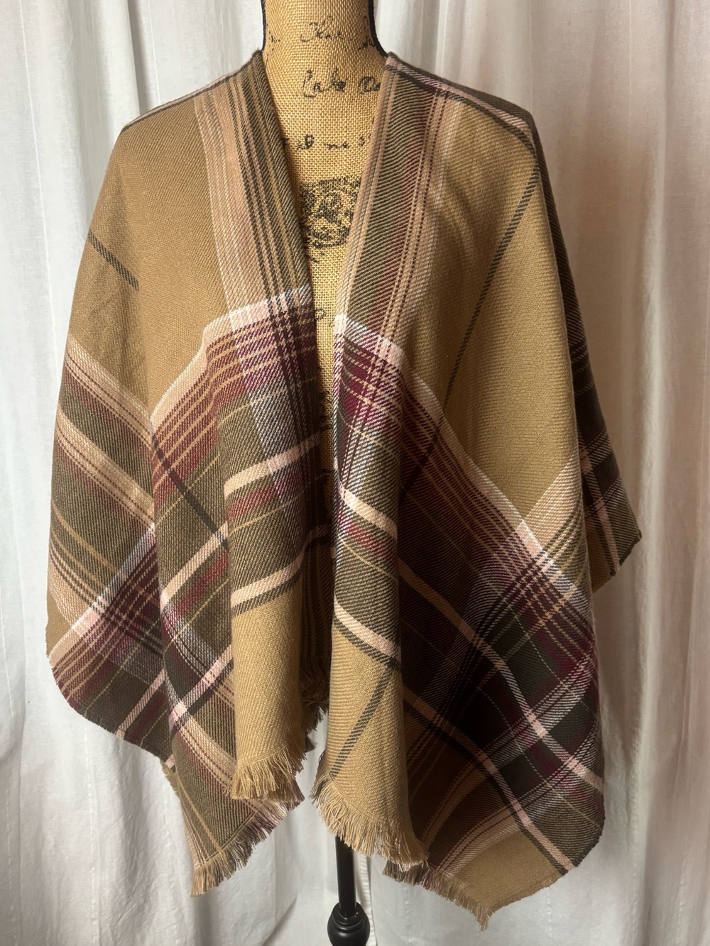NWT J Jill Plaid Open Front Fringe Poncho Ruana Wrap Camel Multi One Size